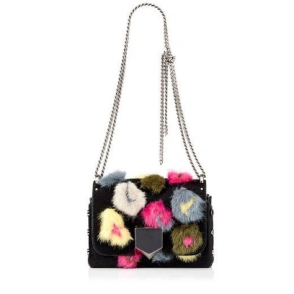 Jimmy Choo Lockett Petite Cerise Mix Pony shoulder Bag w Multicolor Fur Accents